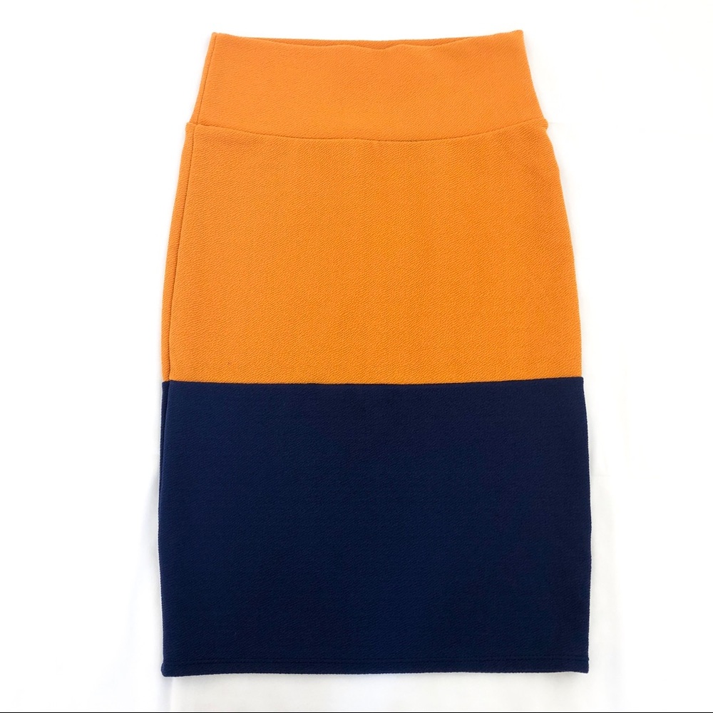 LuLaRoe Cassie mustard and navy skirt